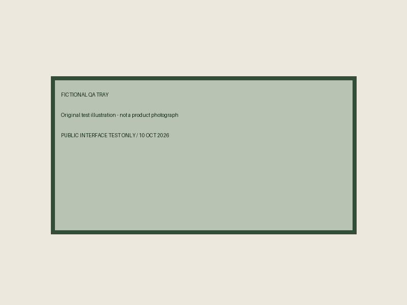 Original green geometric tray illustration labelled FICTIONAL QA TRAY and PUBLIC INTERFACE TEST ONLY; not a product photograph